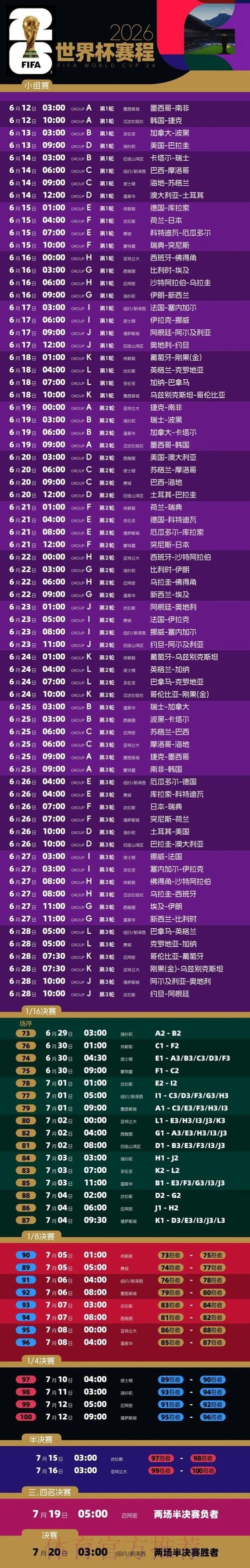 2026世界杯完整赛程及详细时间安排